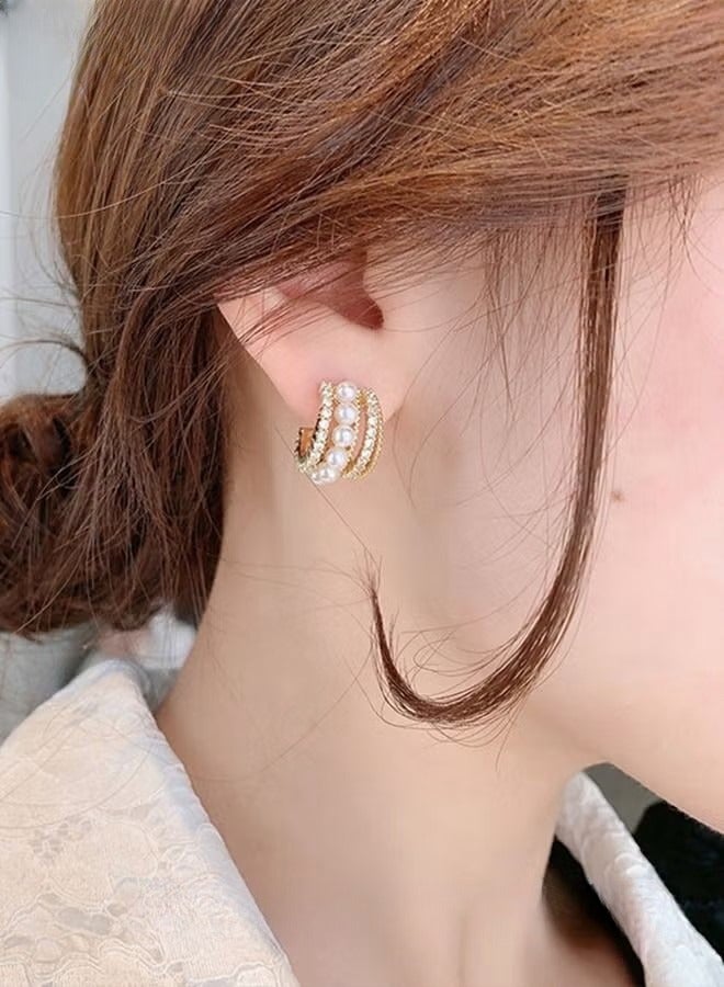 أقراط اللؤلؤ هوب Ins الفاخرة الأنيقة الماس الأذن ترصيع S925 إبرة فضية للنساء الفتيات الذهب - Image 2