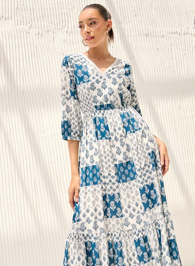 ستايلي Paisley Print A-Line Midi Dress with 3/4 Sleeves