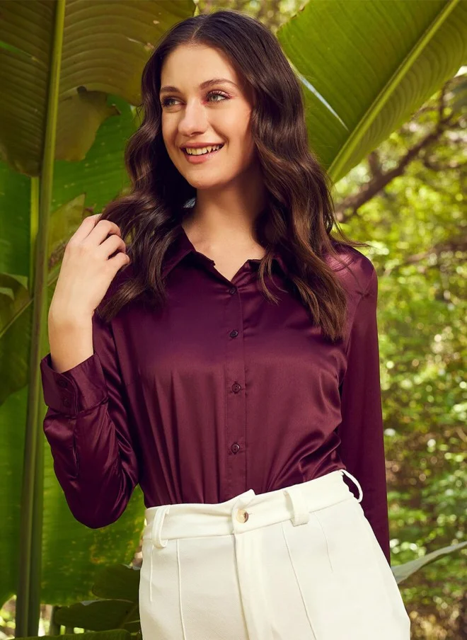 STREET 9 Burgundy Satin Casual Shirt for Women