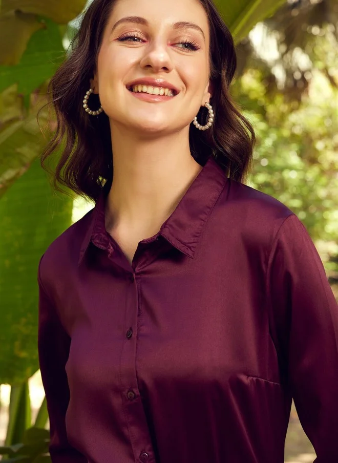 STREET 9 Burgundy Satin Casual Shirt for Women