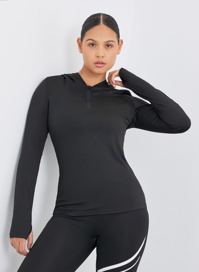 Styli Active Back Text Print Half Zip Up Hooded Top - Image 1