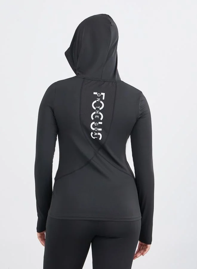 Styli Active Back Text Print Half Zip Up Hooded Top