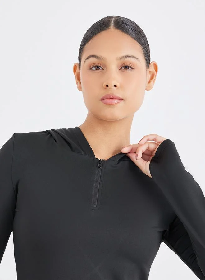 Styli Active Back Text Print Half Zip Up Hooded Top
