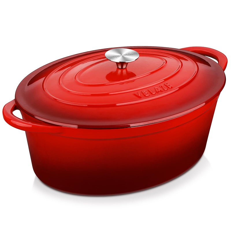 Velaze 7.5 QT Enameled Oval Dutch Oven Pot with Lid, Cast Iron Dutch Oven with Dual Handles for Bread Baking, Cooking, Frying, Non-stick Enamel Coated Cookware (RED) - Image 1