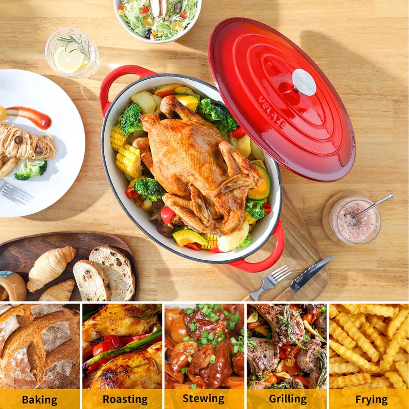 Velaze 7.5 QT Enameled Oval Dutch Oven Pot with Lid, Cast Iron Dutch Oven with Dual Handles for Bread Baking, Cooking, Frying, Non-stick Enamel Coated Cookware (RED) - Image 5
