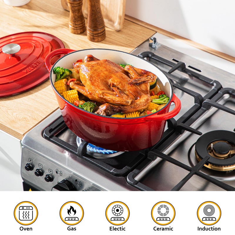 Velaze 7.5 QT Enameled Oval Dutch Oven Pot with Lid, Cast Iron Dutch Oven with Dual Handles for Bread Baking, Cooking, Frying, Non-stick Enamel Coated Cookware (RED) - Image 2