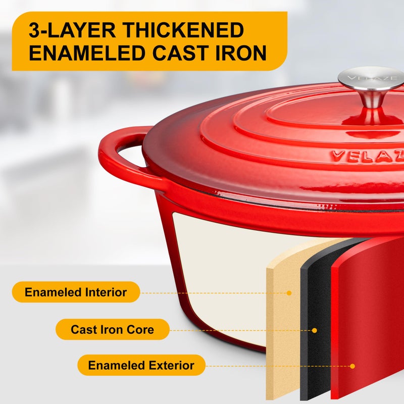 Velaze 7.5 QT Enameled Oval Dutch Oven Pot with Lid, Cast Iron Dutch Oven with Dual Handles for Bread Baking, Cooking, Frying, Non-stick Enamel Coated Cookware (RED) - Image 3