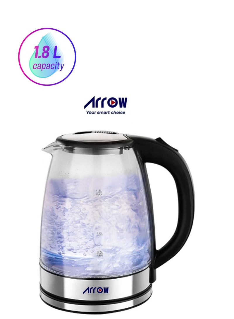 Arrow 1.8L Borosilicate Electric Glass Kettle, 1500W | Fast Boiling | Concealed Stainless Steel Heating Element | Double Layer for Heat Protection | RO-18LKTG - Image 1