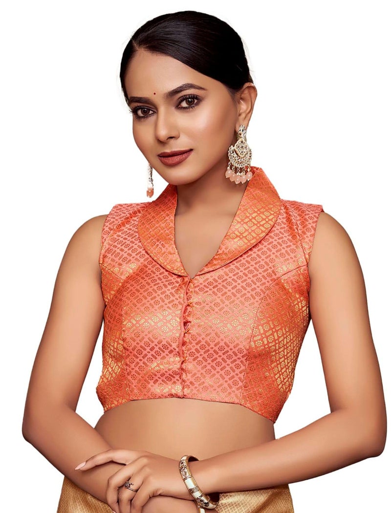 Vardha Women's Brocade Sleeveless Padded Saree Blouse for Women with Collar Neck (Rani) - Image 5