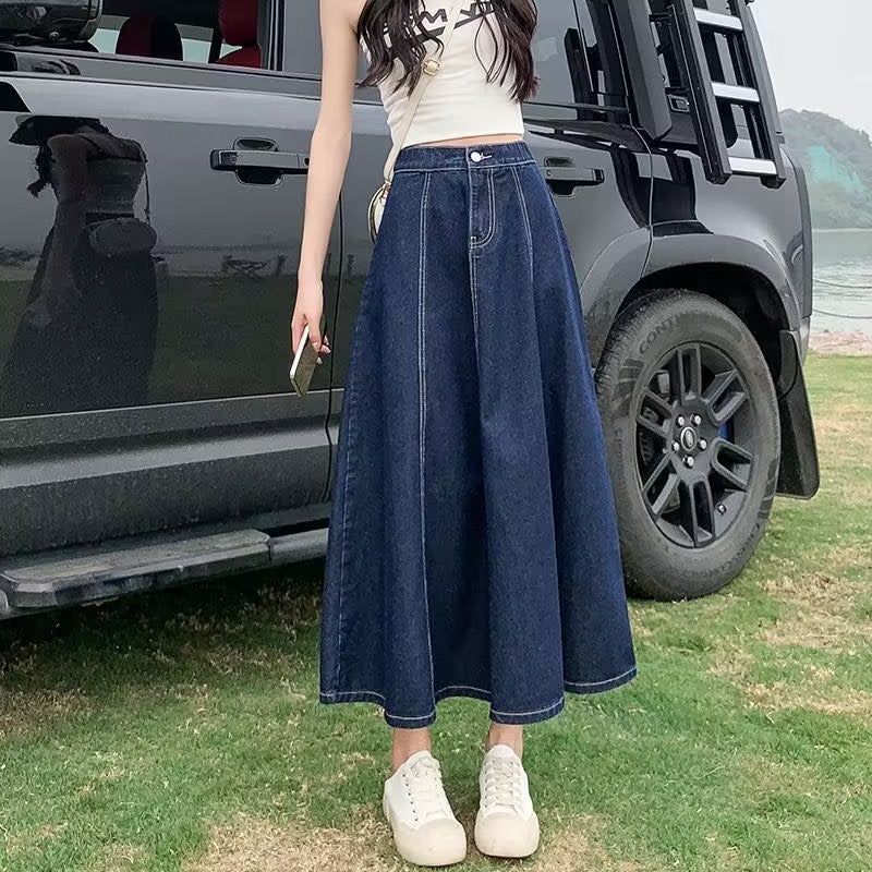 Denim Skirt Women'S Mid-Length Autumn Plus Size 2023 High Waist Slimming Loose Loose Loose Waist A- Line All-Match Umbrella Skirt - Image 5