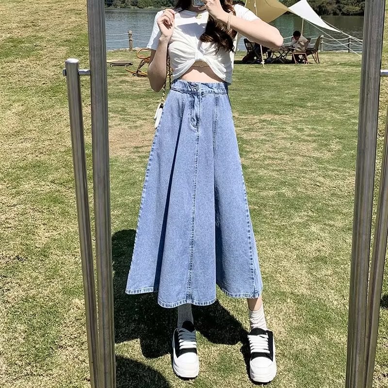 Denim Skirt Women'S Mid-Length Autumn Plus Size 2023 High Waist Slimming Loose Loose Loose Waist A- Line All-Match Umbrella Skirt - Image 4