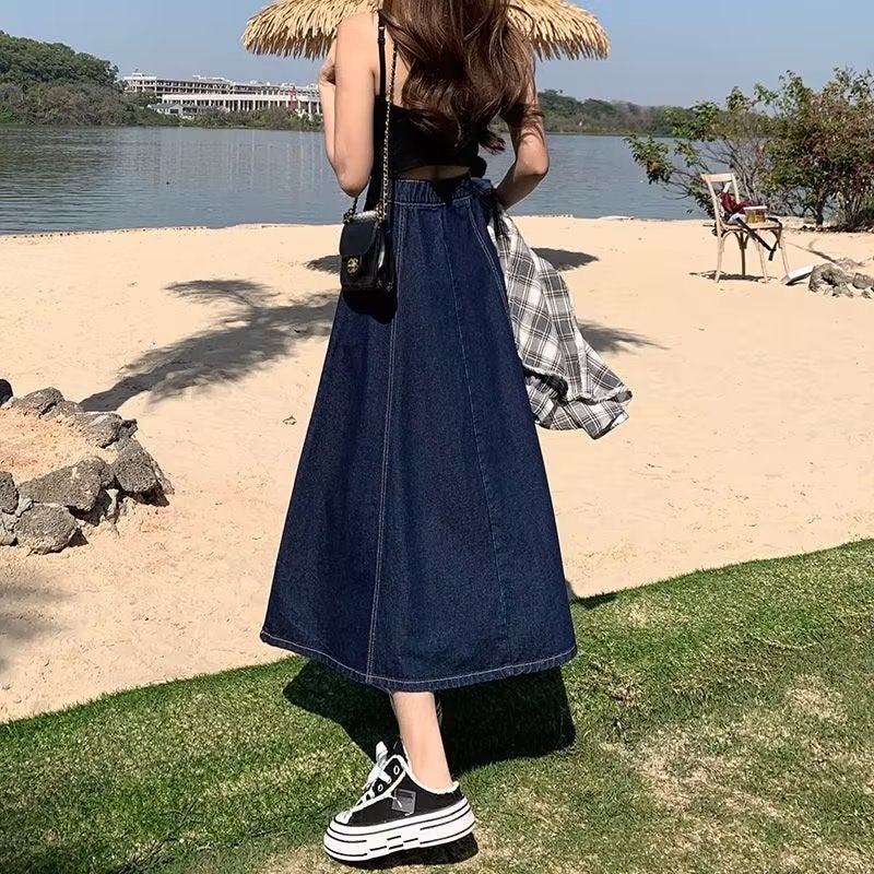 Denim Skirt Women'S Mid-Length Autumn Plus Size 2023 High Waist Slimming Loose Loose Loose Waist A- Line All-Match Umbrella Skirt - Image 3