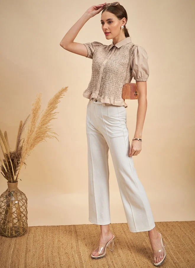 MINT STREET Beige Casual Shirt With Puff Sleeves For Women