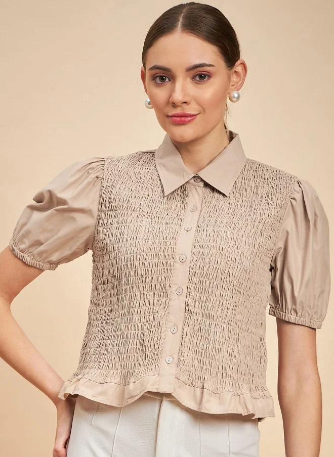 MINT STREET Beige Casual Shirt With Puff Sleeves For Women
