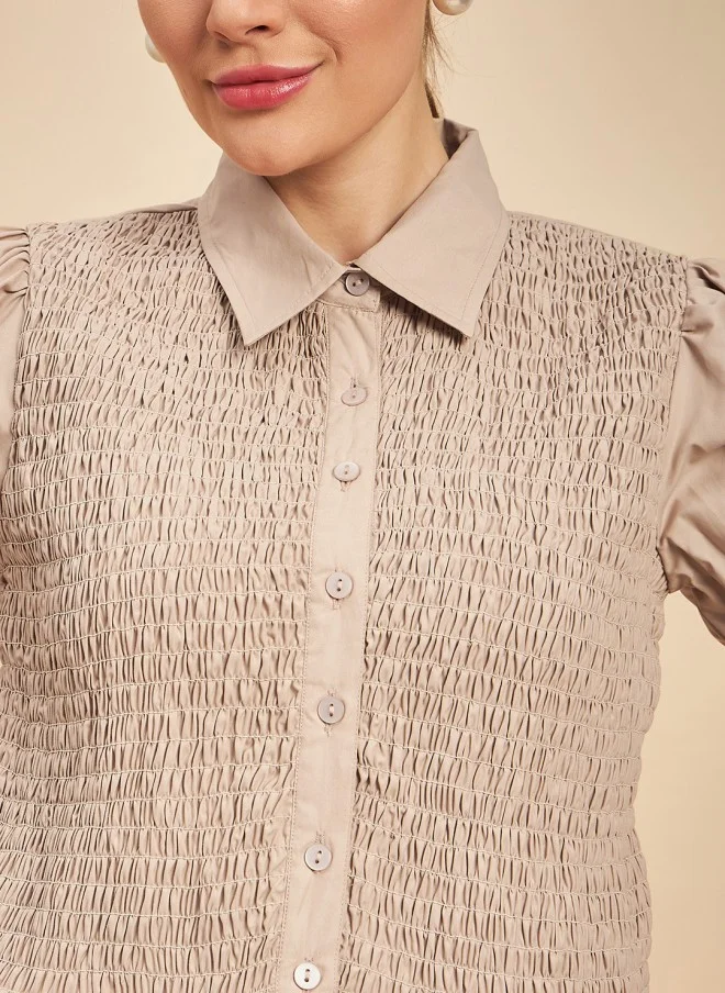 MINT STREET Beige Casual Shirt With Puff Sleeves For Women