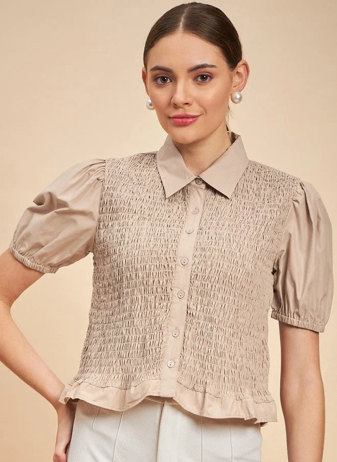 مينت ستريت قميص بيج كاجوال بأكمام منفوشة للنساء