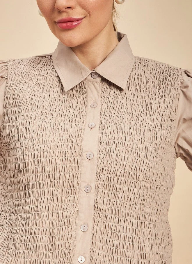 مينت ستريت قميص بيج كاجوال بأكمام منفوشة للنساء