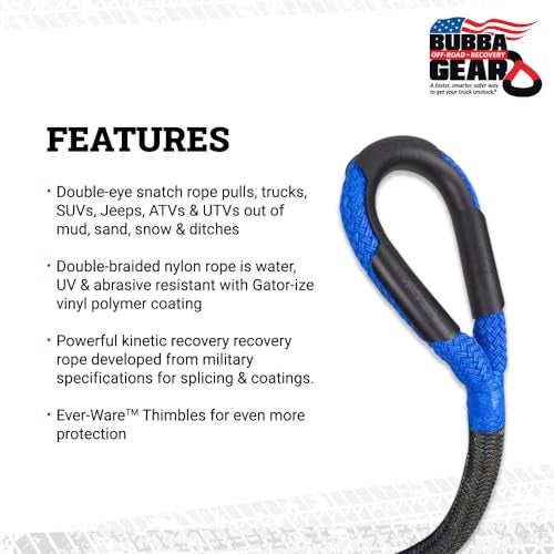 Bubba Rope Power Stretch Recovery Rope, 7/8” x 20 ft. – Heavy-Duty Vehicle Recovery Rope: 28,600 lbs. Breaking Strength - Blue - Image 3
