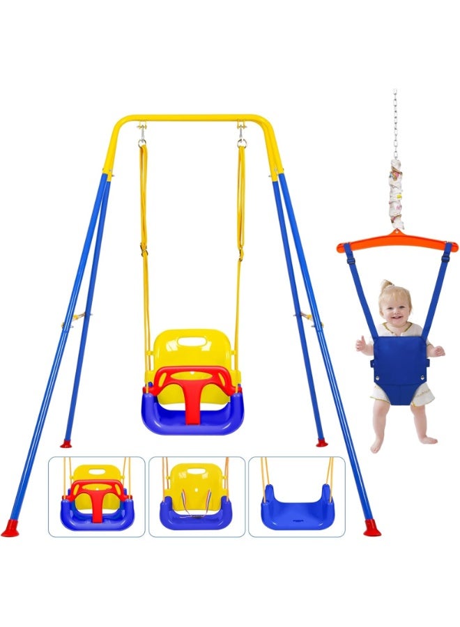LIODUX 4-in-1 Baby Swing Set and Jumper, Foldable Metal Porch Swings Stand, Heavy Duty Kids Swing Stand, Maximum Weight 90KG, Easy to Assemble, Kids Bouncer for Indoor & Outdoor Playground, Blue - Image 1