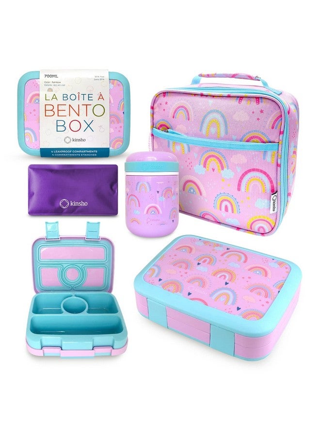 Kinsho Bento Lunch Box With Thermos For Kids Set Insulated Lunch Bag With Ice Pack Stainless Steel Food Jar For Hot Soup Boxes With 4 Compartments Purple Rainbow - Image 1