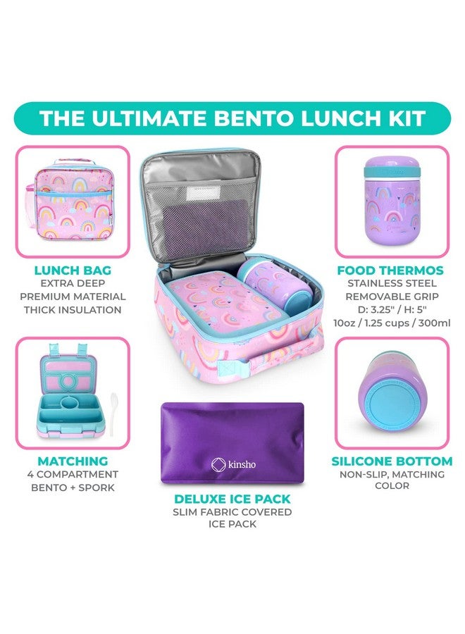 Kinsho Bento Lunch Box With Thermos For Kids Set Insulated Lunch Bag With Ice Pack Stainless Steel Food Jar For Hot Soup Boxes With 4 Compartments Purple Rainbow - Image 2