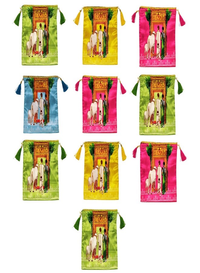 SRI YAGNAA سري ياجنا - عبوة من 10 أكياس بوتلي بتصميم مناسب لحفلات الانتقال إلى منزل جديد - أكياس هدايا نسائية من الحرير برباط - أكياس هدايا - لتوزيع الهدايا - أكياس بوتلي لحفلات ثامبولام - حقيبة بوتلي باتوا قماشية (متعددة الألوان) - Image 2
