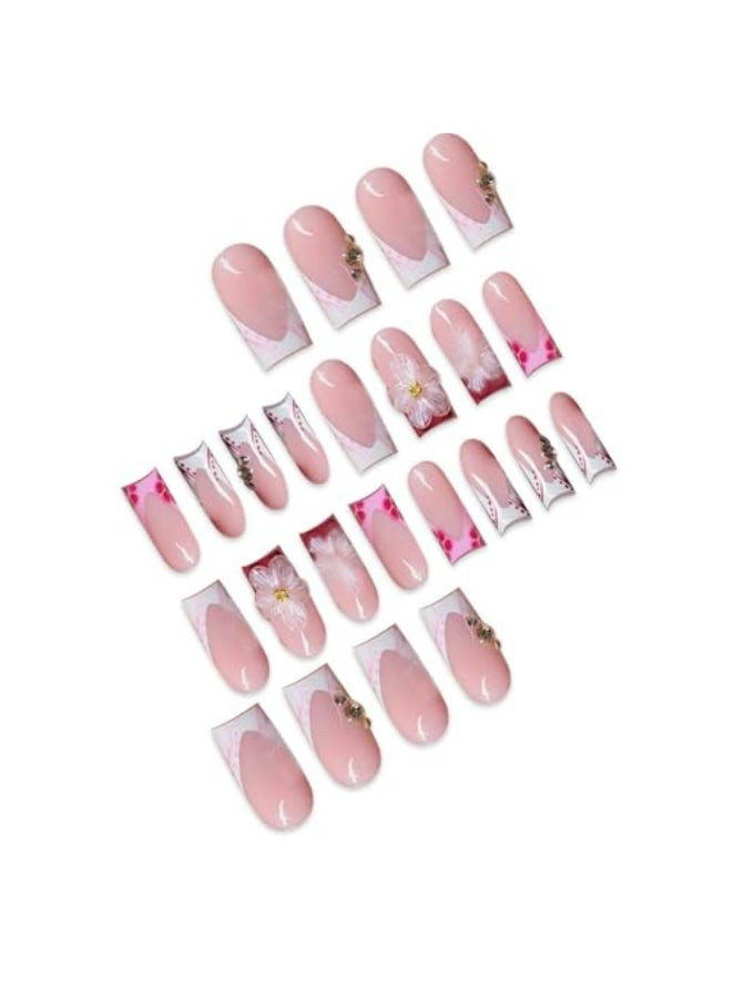 SEENEEY French Tip Press on Nails Long Square Fake Nails Press ons Red Acrylic Nail Flowers With Designs Stick on Nail for Women 24pcs - Image 3