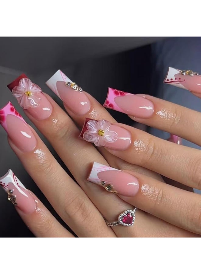 SEENEEY French Tip Press on Nails Long Square Fake Nails Press ons Red Acrylic Nail Flowers With Designs Stick on Nail for Women 24pcs - Image 2