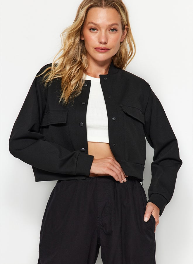 trendyol Black Padded Buttoned Stand Collar Interlock Crop Jacket TWOAW24CE00082 - Image 1