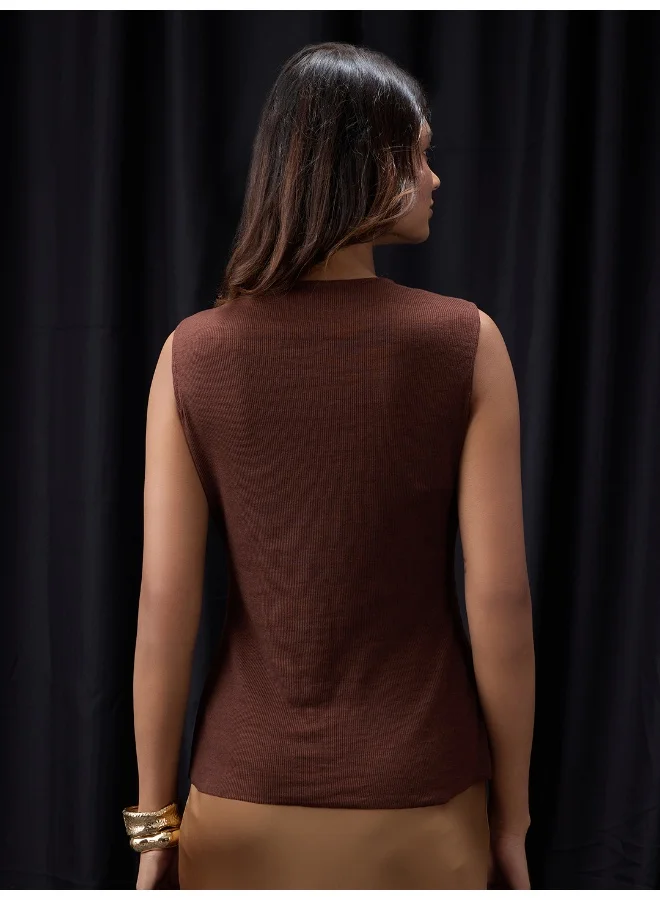 globus Women Brown Halter Neck Sleeveless Ribbed Top
