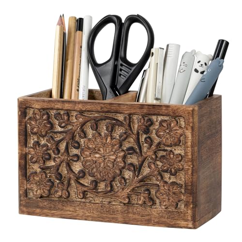 Mie Creations 2 Slot Rustic Pencil Holder Pen Stand for Desk Organizer | Handcarved Wooden Pen Holder for Desktop Table, Wood Office Accessories | Multipurpose School Stationery Craft Supplies 6'' - Image 1