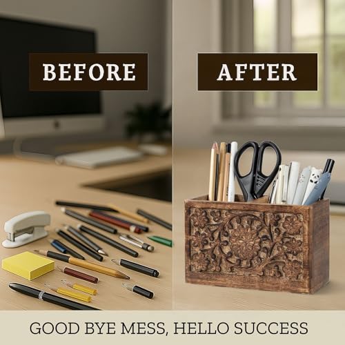 Mie Creations 2 Slot Rustic Pencil Holder Pen Stand for Desk Organizer | Handcarved Wooden Pen Holder for Desktop Table, Wood Office Accessories | Multipurpose School Stationery Craft Supplies 6'' - Image 4