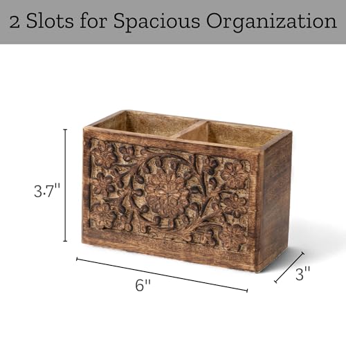 Mie Creations 2 Slot Rustic Pencil Holder Pen Stand for Desk Organizer | Handcarved Wooden Pen Holder for Desktop Table, Wood Office Accessories | Multipurpose School Stationery Craft Supplies 6'' - Image 5