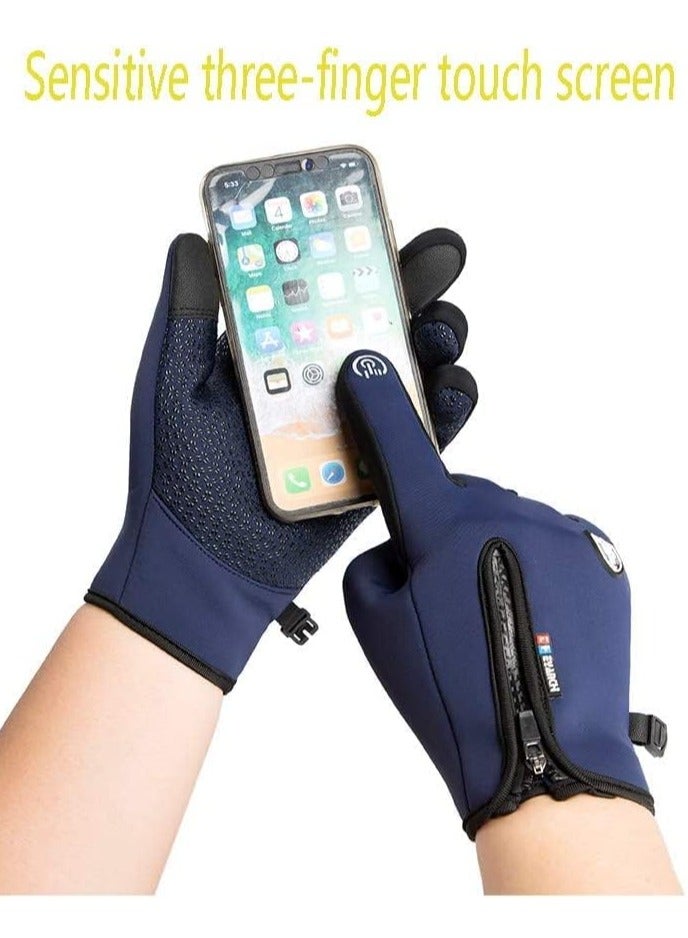 Winter Warm Gloves, Men Women Cycling, Skiing, Windproof and Waterproof PU Leather Touchscreen Cold Weather Driving Gloves (Blue) - Image 2