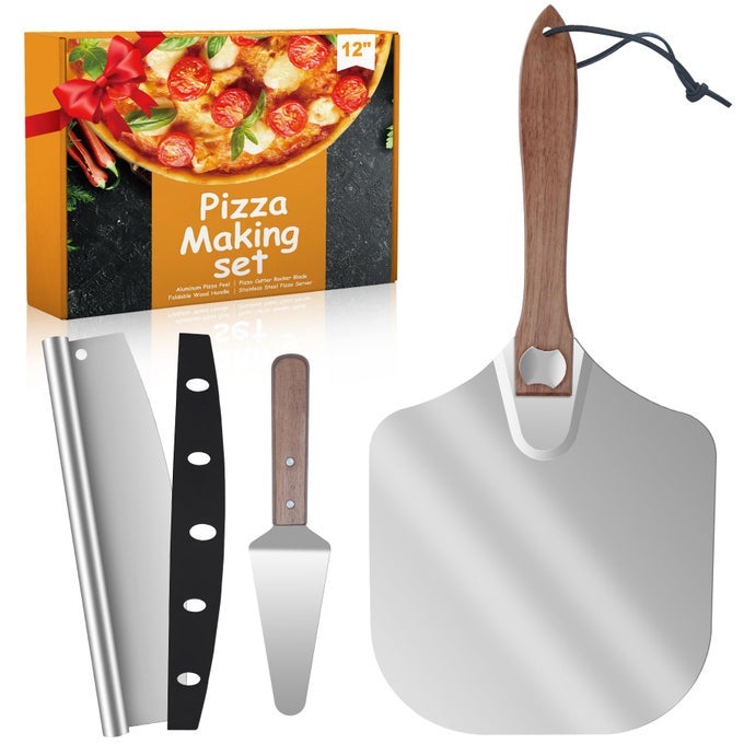 ALUMINUM PIZZA PEEL 12X14 WITH FOLDABLE WOODEN HANDLE METAL PADDLE ROCKER CUTTER AND SERVER FOR PIZZA OVEN GIFTREADY