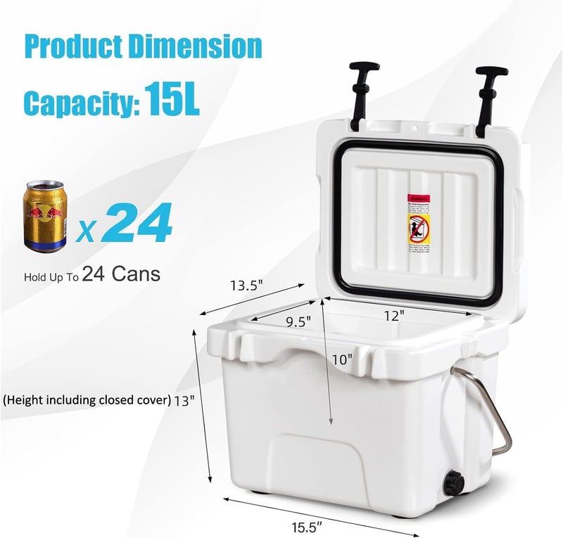 COSTWAY 16 Quart Camping Cooler, Insulated Ice Chest Box with Heavy Duty Handle and 2 Cup Holders, 3-5 Days Ice Retention, Portable Leakproof Hard Cooler for Camping, Fishing, Picnic, Outdoor (White) - Image 3