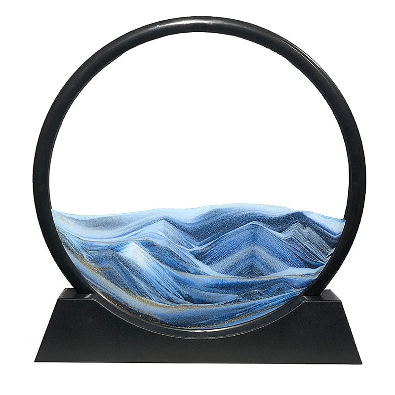 Aoderun Moving Sand Art Picture Round Glass 3D Deep Sea Sandscape in Motion Display Flowing Sand Frame Relaxing Desktop Home Office Work Decor (7", Blue) - Image 1