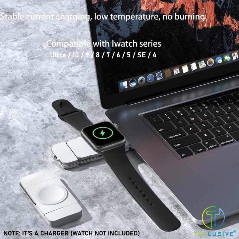 T Teclusive Mini Compact USB Type C Portable Charger Compatible for iWatch Ultra/Series 10 9 8 7 6 5 SE 4 | Dual Port USB C Magnetic Travel Charger for iWatch and Pod Pro 2 (Black) - Image 5