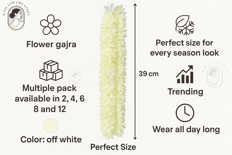 Kailash Creation Artificial Mogra Flower Hair Gajra for Women & Girls | Reusable Realistic Bun Garland Juda Gajra | Off White, 15 Inch | Scented Jasmine Flower Hair Accessory | Pack of 6 - Image 5