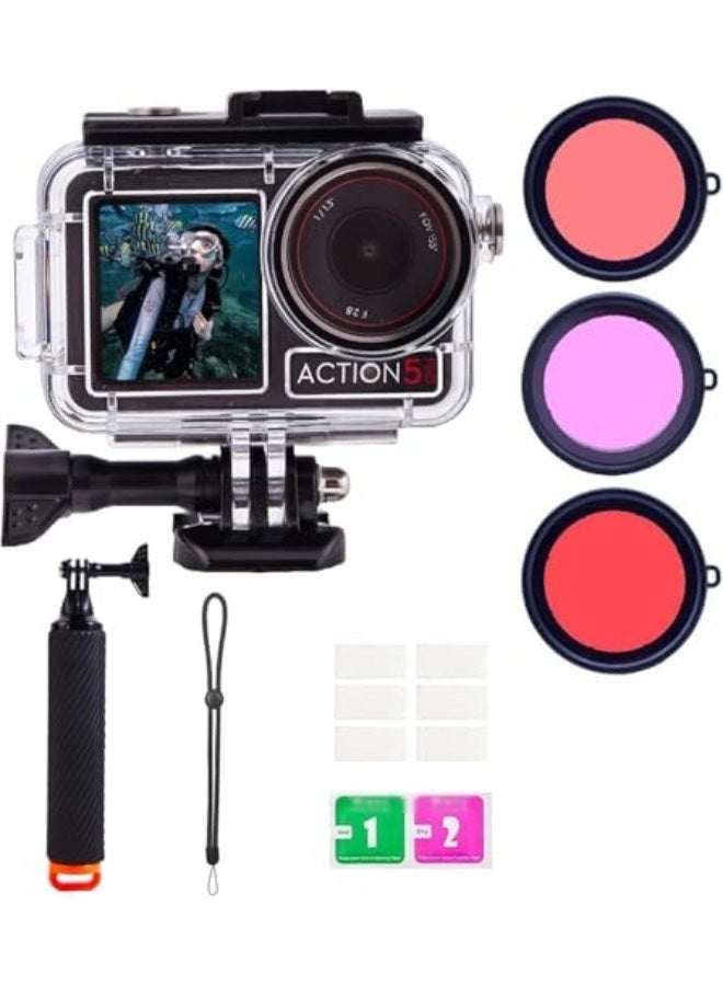 Waterproof Case for DJI Osmo Action 5 Pro / 4/3, 3 Pack Dive Filters, 196FT / 60M Underwater Protective Housing Dive Kit, Professional Action Camera Dive Accessory - Image 1