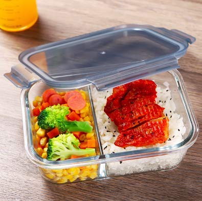 HOMIES INTERNATIONAL HOMIES INTERNATIONAL Glass 2 Compartment Rectangular Storage/Serving Bowl Set Lunch Tiffin Box with Clamp Plastic Lid (1000ML Each) - Set of 2 Piece  - Image 2