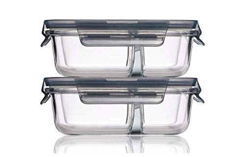 HOMIES INTERNATIONAL HOMIES INTERNATIONAL Glass 2 Compartment Rectangular Storage/Serving Bowl Set Lunch Tiffin Box with Clamp Plastic Lid (1000ML Each) - Set of 2 Piece  - Image 1