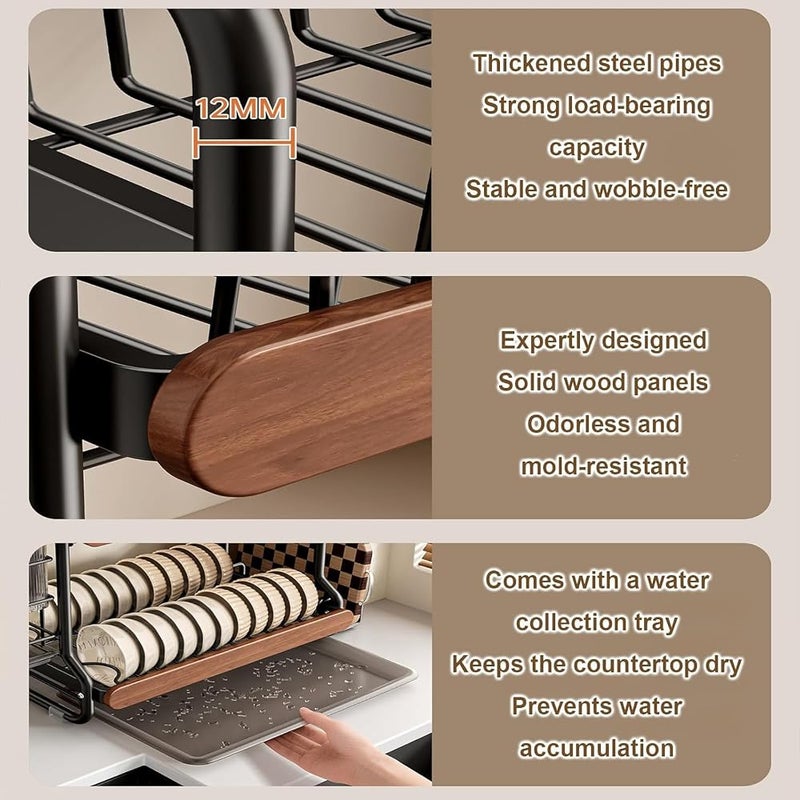 TAYRAN Double-layer kitchen countertop drain rack, made of stainless steel, with a drain board and dish rack; kitchen sink storage rack, can hold plates and bowls; black. - Image 3