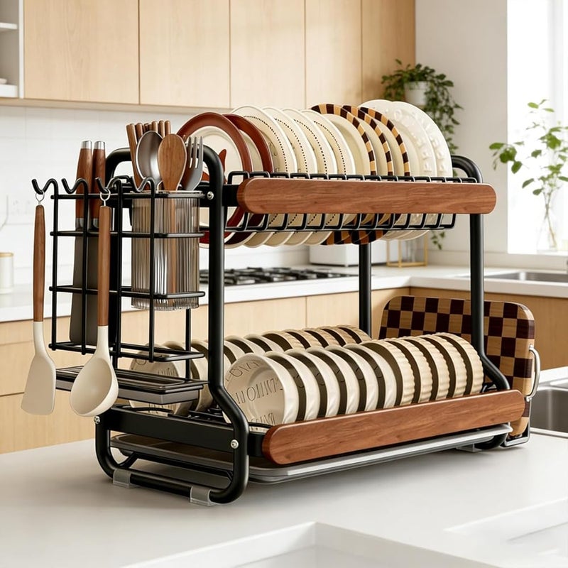TAYRAN Double-layer kitchen countertop drain rack, made of stainless steel, with a drain board and dish rack; kitchen sink storage rack, can hold plates and bowls; black. - Image 5