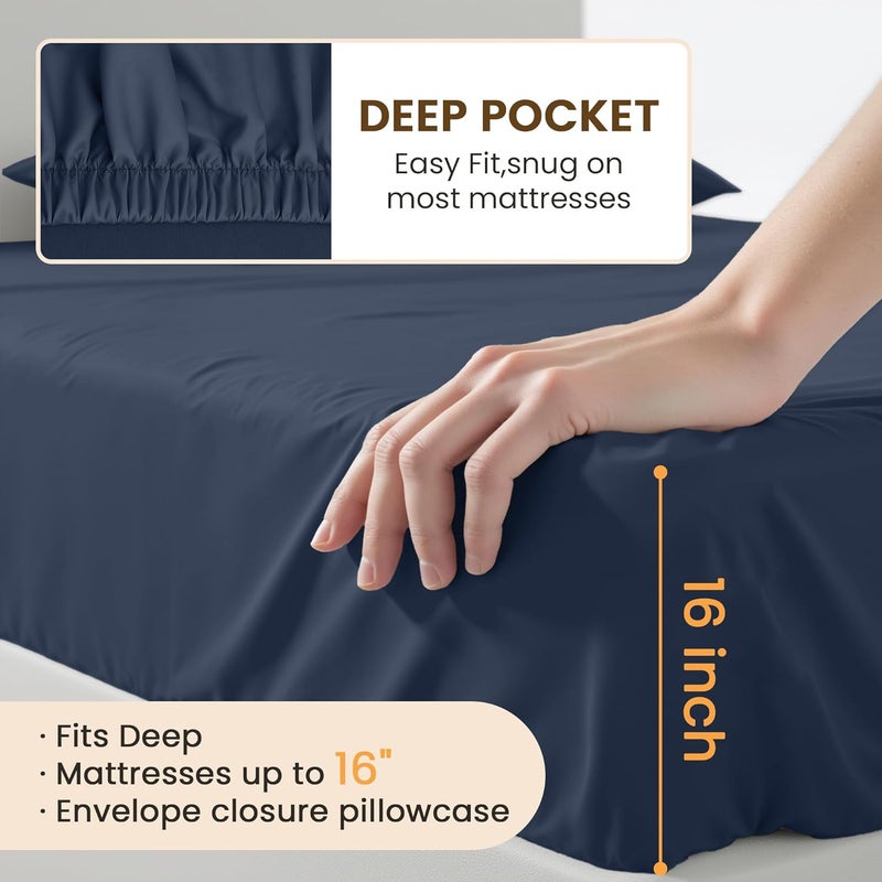 USXIBEI Queen Size 4 Piece Bed Sheet Set - Ultra Imitation Cotton-Premium Breathable & Cooling Sheets - Hotel Luxury Bed Sheets Deep Pocket up to 15"- Wrinkle, Fade, Stain Resistant (Navy Blue, Queen) - Image 5