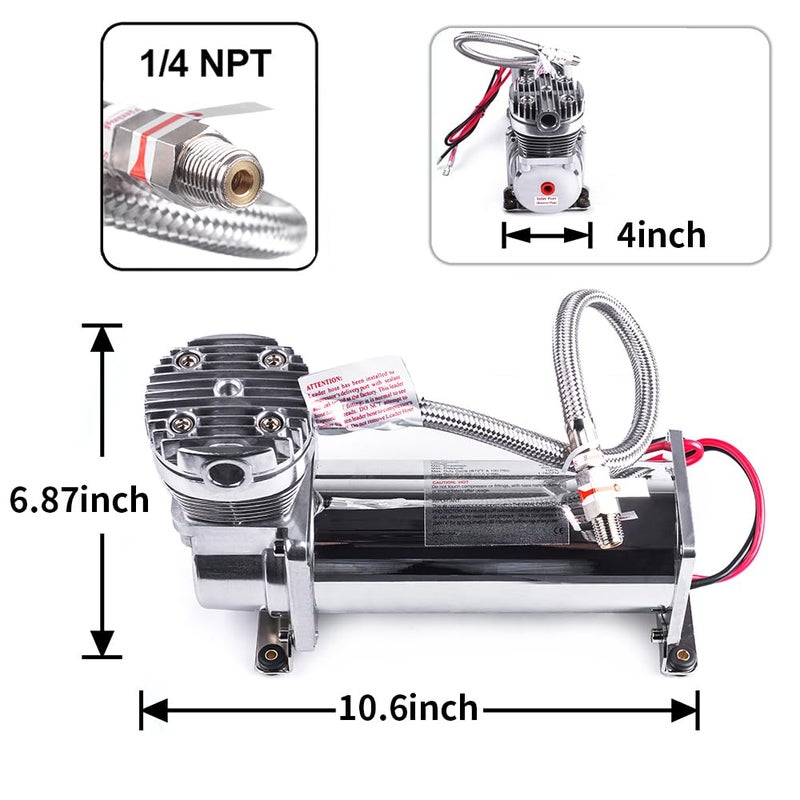 ZHSYMX Heavy Duty 200 PSI Air horn Compressor, 1/4 NPT Train Horn/Air Ride Compressor, Fittings for 12V Train/Truck/Car,Air Suspension SILVER - Image 2