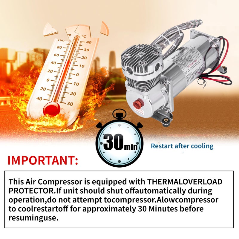 ZHSYMX Heavy Duty 200 PSI Air horn Compressor, 1/4 NPT Train Horn/Air Ride Compressor, Fittings for 12V Train/Truck/Car,Air Suspension SILVER - Image 5