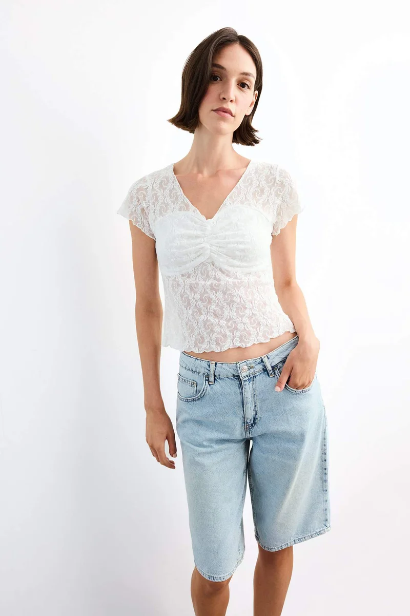 DeFacto Slim Fit Crew Neck Lace Short Sleeve T-Shirt