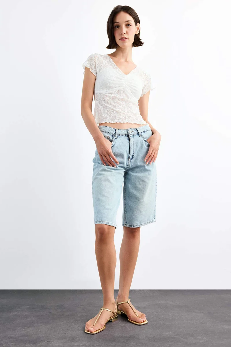 DeFacto Slim Fit Crew Neck Lace Short Sleeve T-Shirt