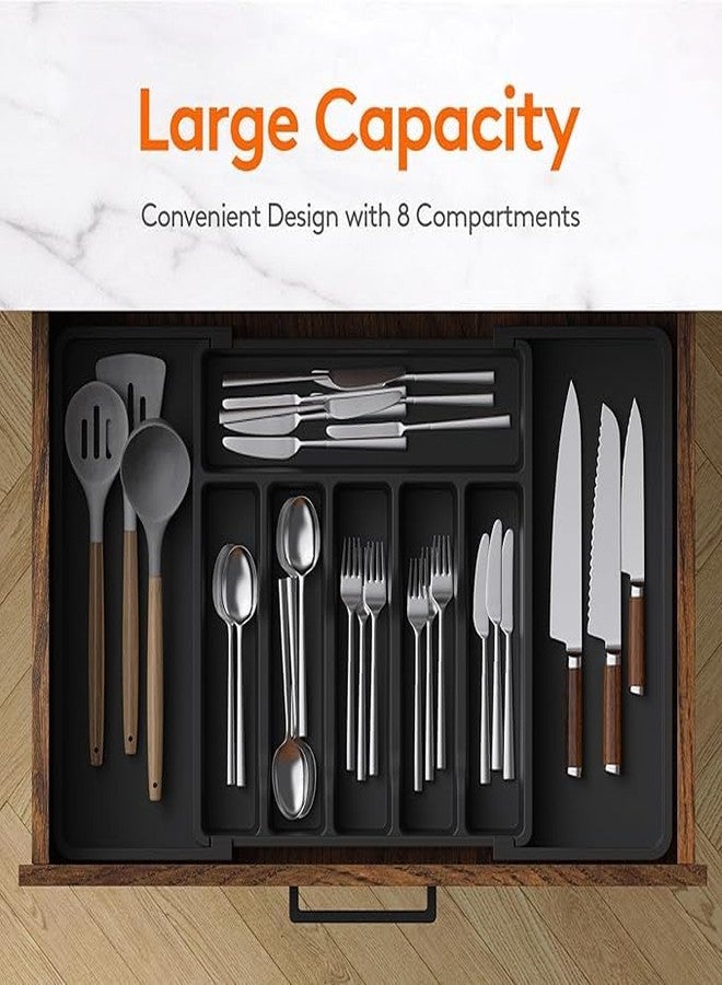CazleeLarge Silverware Drawer Organizer, Expandable Utensil Tray for Kitchen, BPA Free Flatware and Cutlery Holder, Adjustable Plastic Storage for Spoons Forks Knives, Large, (Black) (1) - Image 3